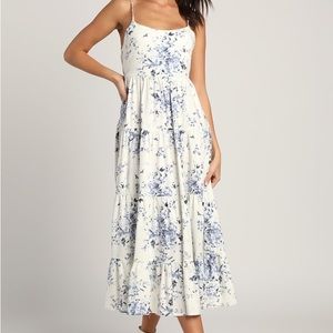 Lulus Mykonos Mood Ivory Floral Print Tie-Strap Tiered Midi Dress Size S